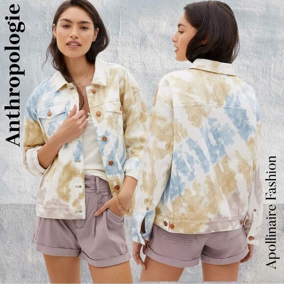 Anthropologie Tie dye in Blue Tan Jean Jacket Large New - Picture 1 of 7